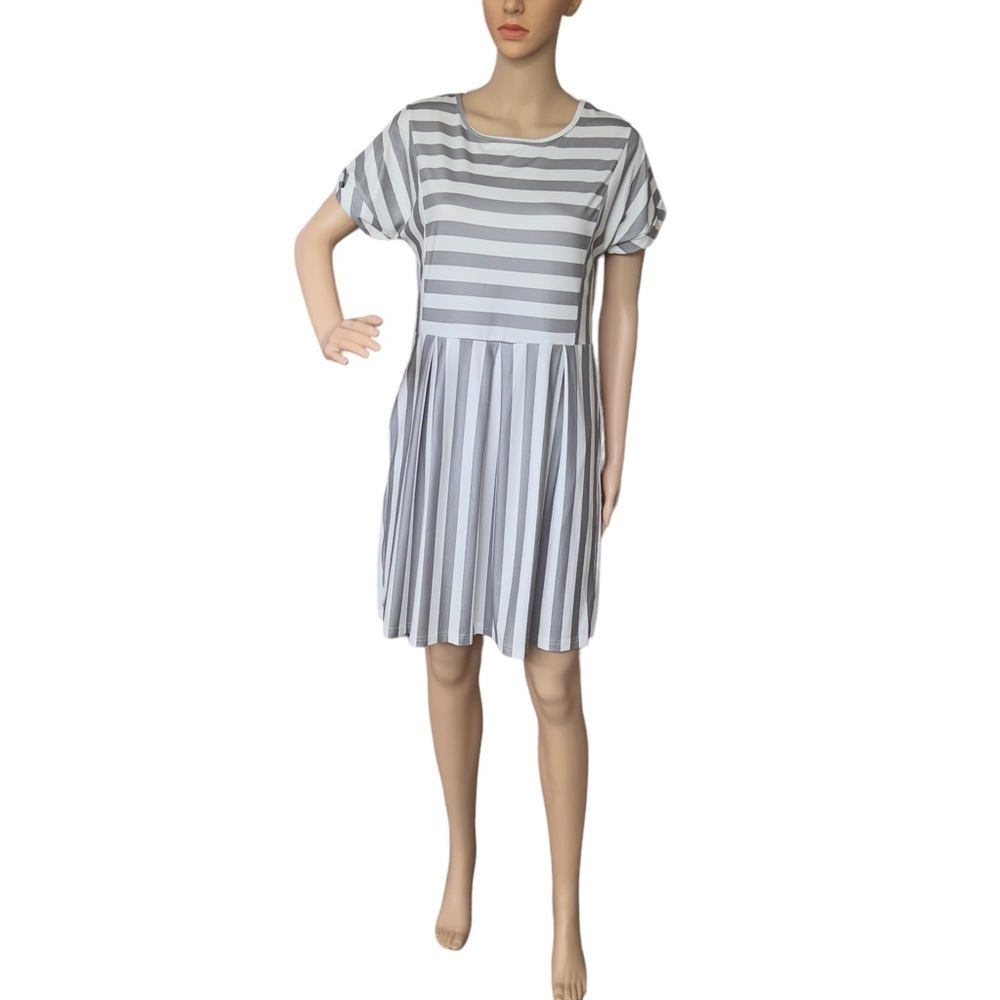 Naggoo Women’s Casual Gray White Striped Dress 
Color Block with Pockets Size M